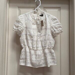 NWT!  J. Crew blouse with peplum waist, white lace on cream, Small